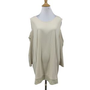 Chicos Top Womens 4 Beige Tunic Cold Shoulder Split Back Gold Dots Contrast Hem